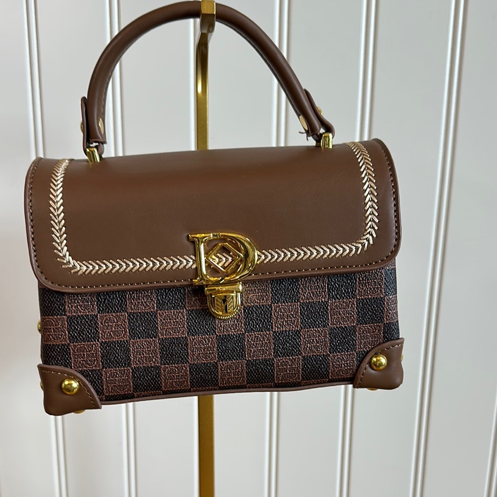 Brown Checkered Crossbody Handbag with Gold Accents NWT